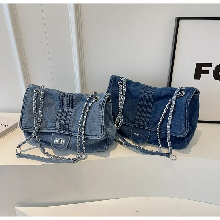 Retro Casual Denim Tote Bag For Women  Autumn New Large Capacity Chain High-grade Shoulder Messenger Bag display picture 9