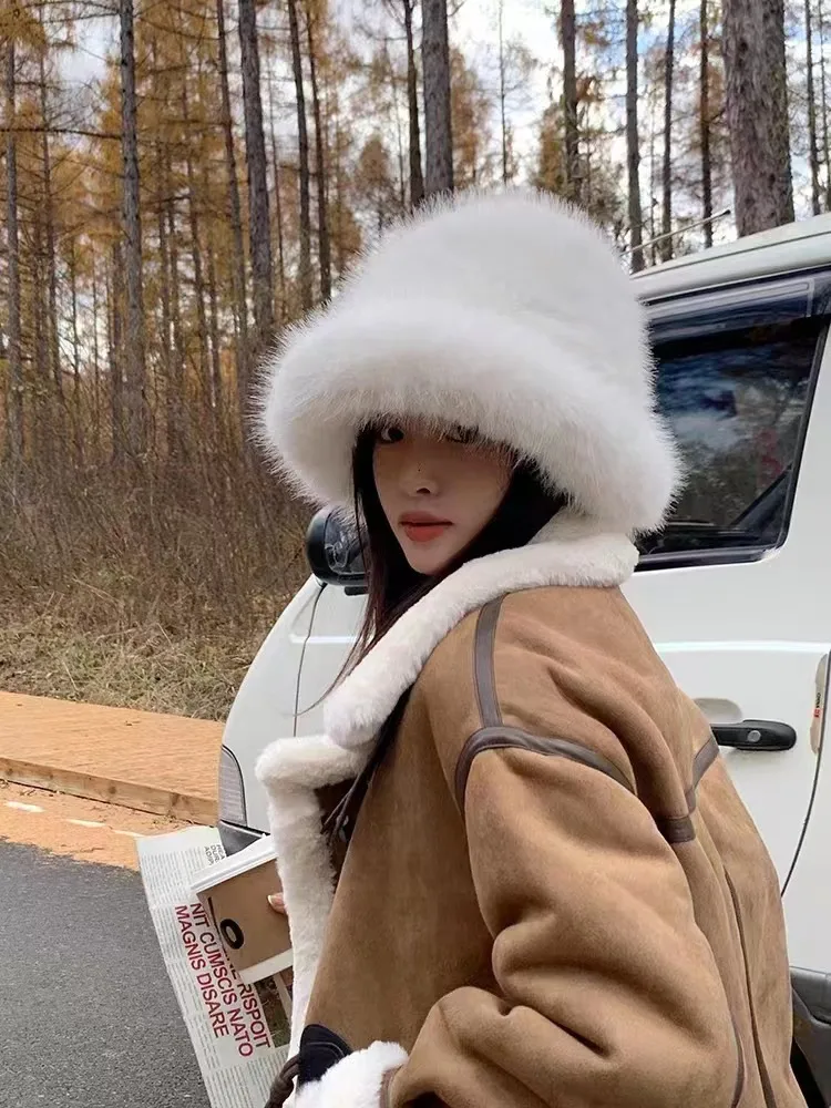 High-grade Faux Fur Mink Fur Fluffy Fisherman Hat Lady Style Big Head Circumference Plush Hat Winter Warm Pullover Hat display picture 1