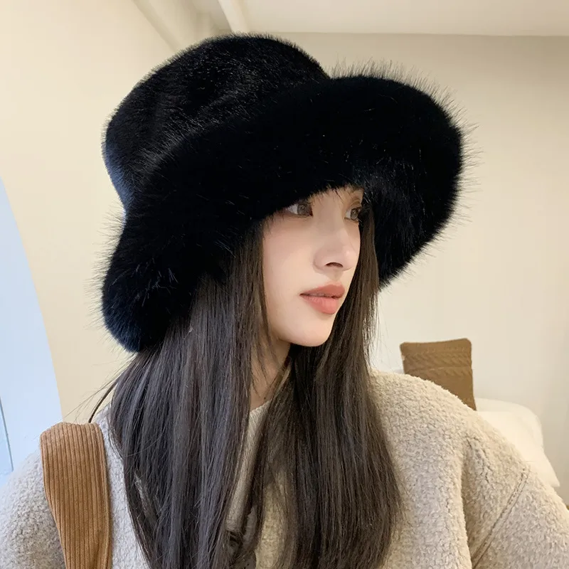 High-grade Faux Fur Mink Fur Fluffy Fisherman Hat Lady Style Big Head Circumference Plush Hat Winter Warm Pullover Hat display picture 5