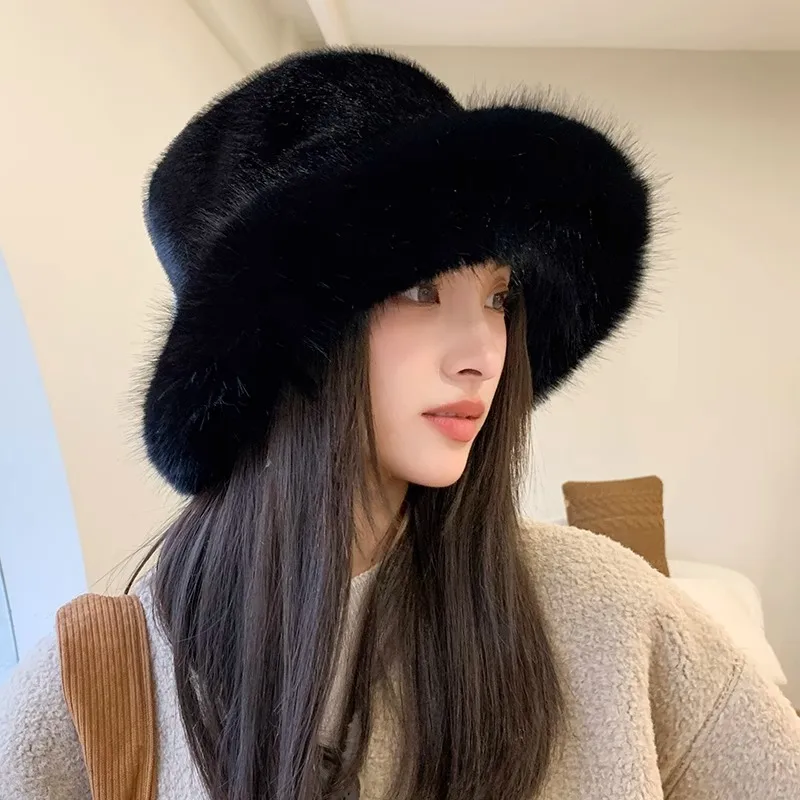 High-grade Faux Fur Mink Fur Fluffy Fisherman Hat Lady Style Big Head Circumference Plush Hat Winter Warm Pullover Hat display picture 11