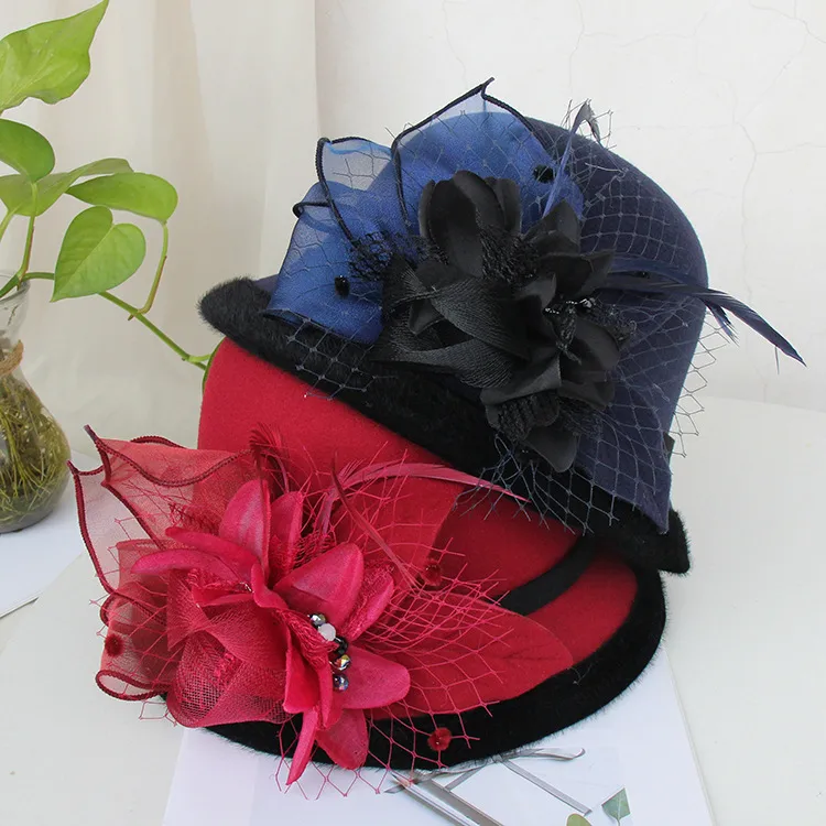 Woolen Hat Women's Autumn And Winter British Socialite Feather Mesh Bowler Hat Korean Casual  Fisherman Hat Basin Hat Trendy display picture 1
