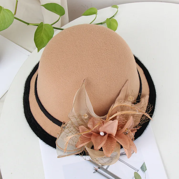 Woolen Hat Women's Autumn And Winter British Socialite Feather Mesh Bowler Hat Korean Casual  Fisherman Hat Basin Hat Trendy display picture 3