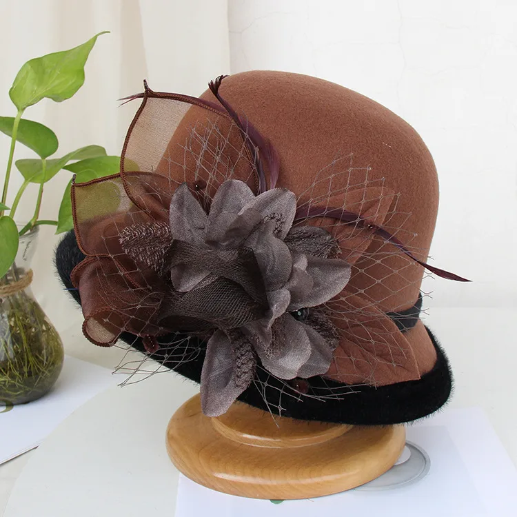 Woolen Hat Women's Autumn And Winter British Socialite Feather Mesh Bowler Hat Korean Casual  Fisherman Hat Basin Hat Trendy display picture 8