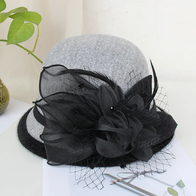 Woolen Hat Women's Autumn And Winter British Socialite Feather Mesh Bowler Hat Korean Casual  Fisherman Hat Basin Hat Trendy display picture 9