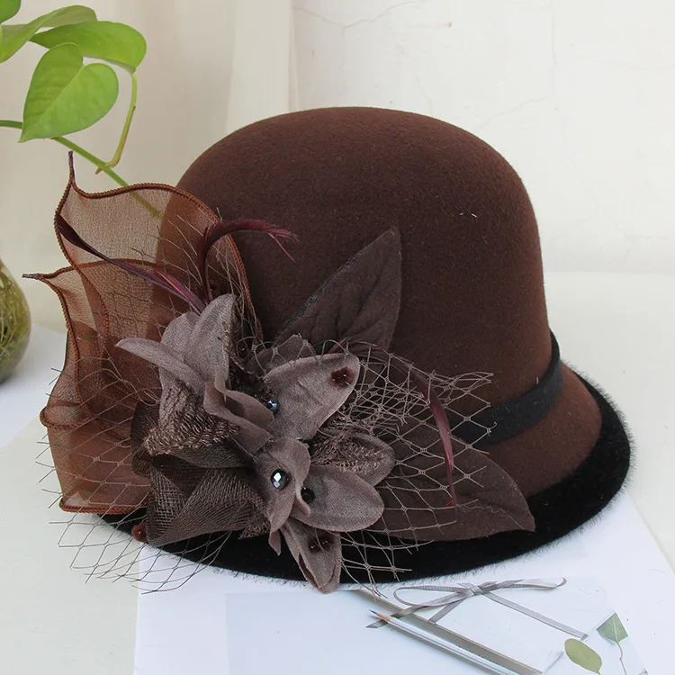Woolen Hat Women's Autumn And Winter British Socialite Feather Mesh Bowler Hat Korean Casual  Fisherman Hat Basin Hat Trendy display picture 11
