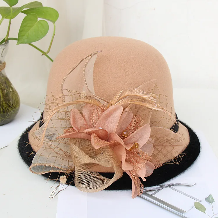 Woolen Hat Women's Autumn And Winter British Socialite Feather Mesh Bowler Hat Korean Casual  Fisherman Hat Basin Hat Trendy display picture 12