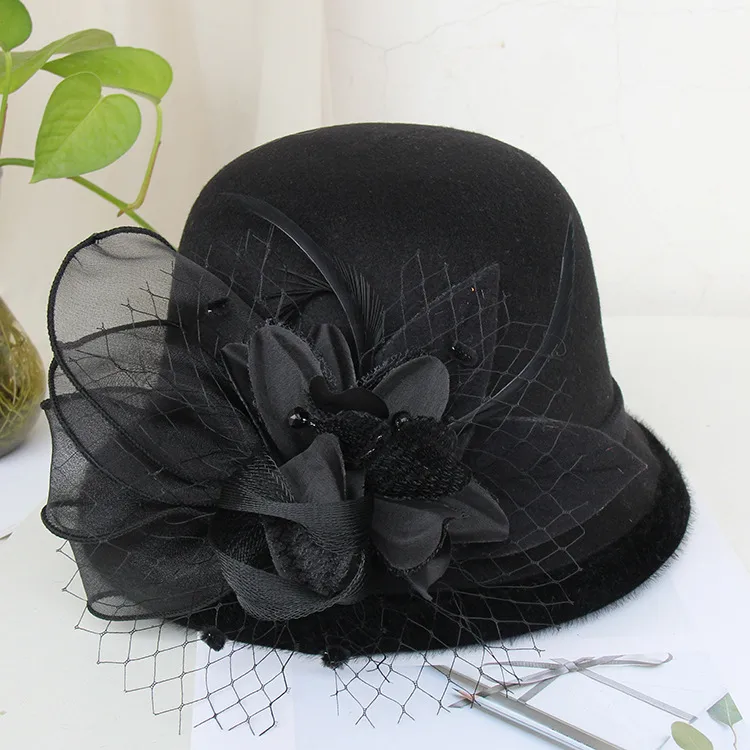 Woolen Hat Women's Autumn And Winter British Socialite Feather Mesh Bowler Hat Korean Casual  Fisherman Hat Basin Hat Trendy display picture 15
