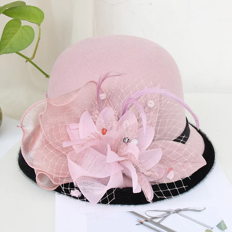 Woolen Hat Women's Autumn And Winter British Socialite Feather Mesh Bowler Hat Korean Casual  Fisherman Hat Basin Hat Trendy display picture 17