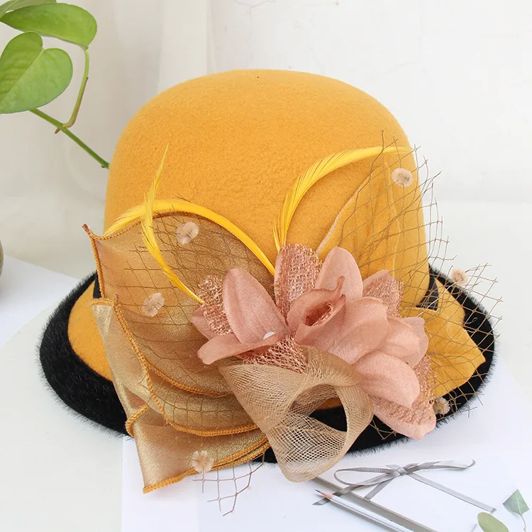 Woolen Hat Women's Autumn And Winter British Socialite Feather Mesh Bowler Hat Korean Casual  Fisherman Hat Basin Hat Trendy display picture 18