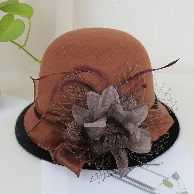 Woolen Hat Women's Autumn And Winter British Socialite Feather Mesh Bowler Hat Korean Casual  Fisherman Hat Basin Hat Trendy display picture 19