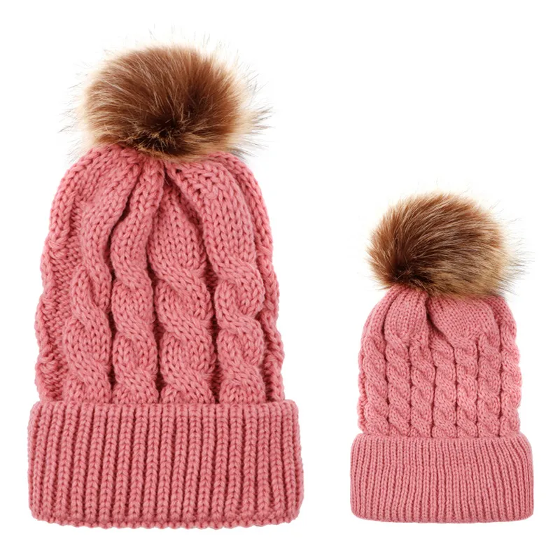 In Autumn And Winter Ball Twist Knitted Hat Warm Female Parent-child Imitation Raccoon Fur Ball Wool Hat display picture 3