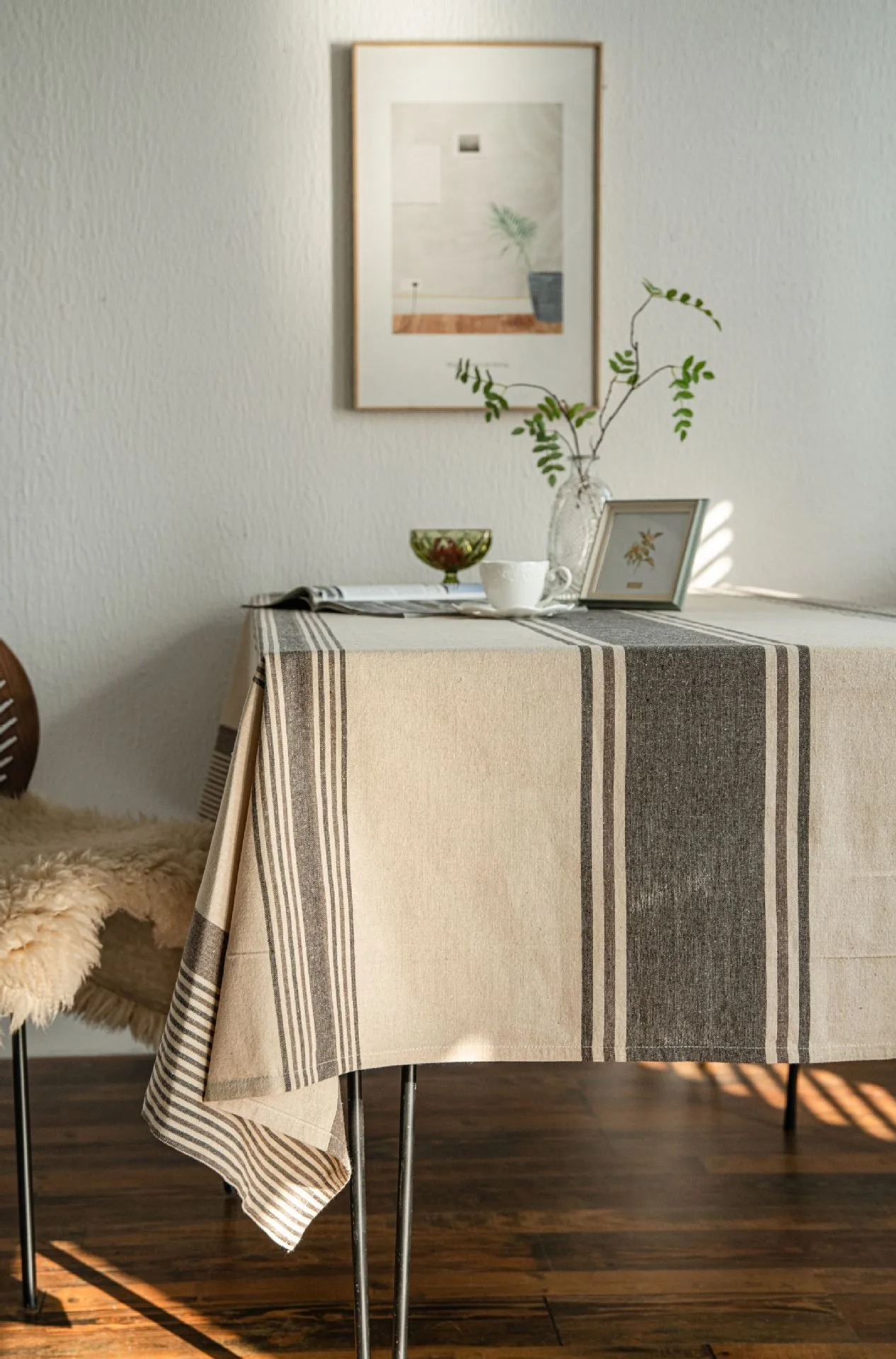 Yi Qiyun Striped Tablecloth Brown Contrast Color Japanese Table Cloth Coffee Table Cloth Fabric Rectangular  Direct display picture 4