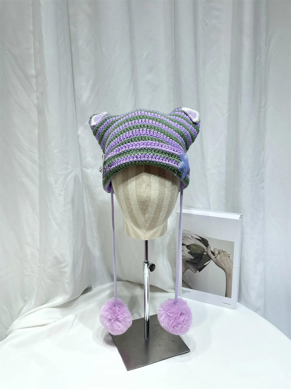 Japanese Style Cute Little Devil Cat Ear Fur Ball Wool Hat Women's Autumn And Winter Warm Small Face Ear Protection Knitted Hat display picture 1