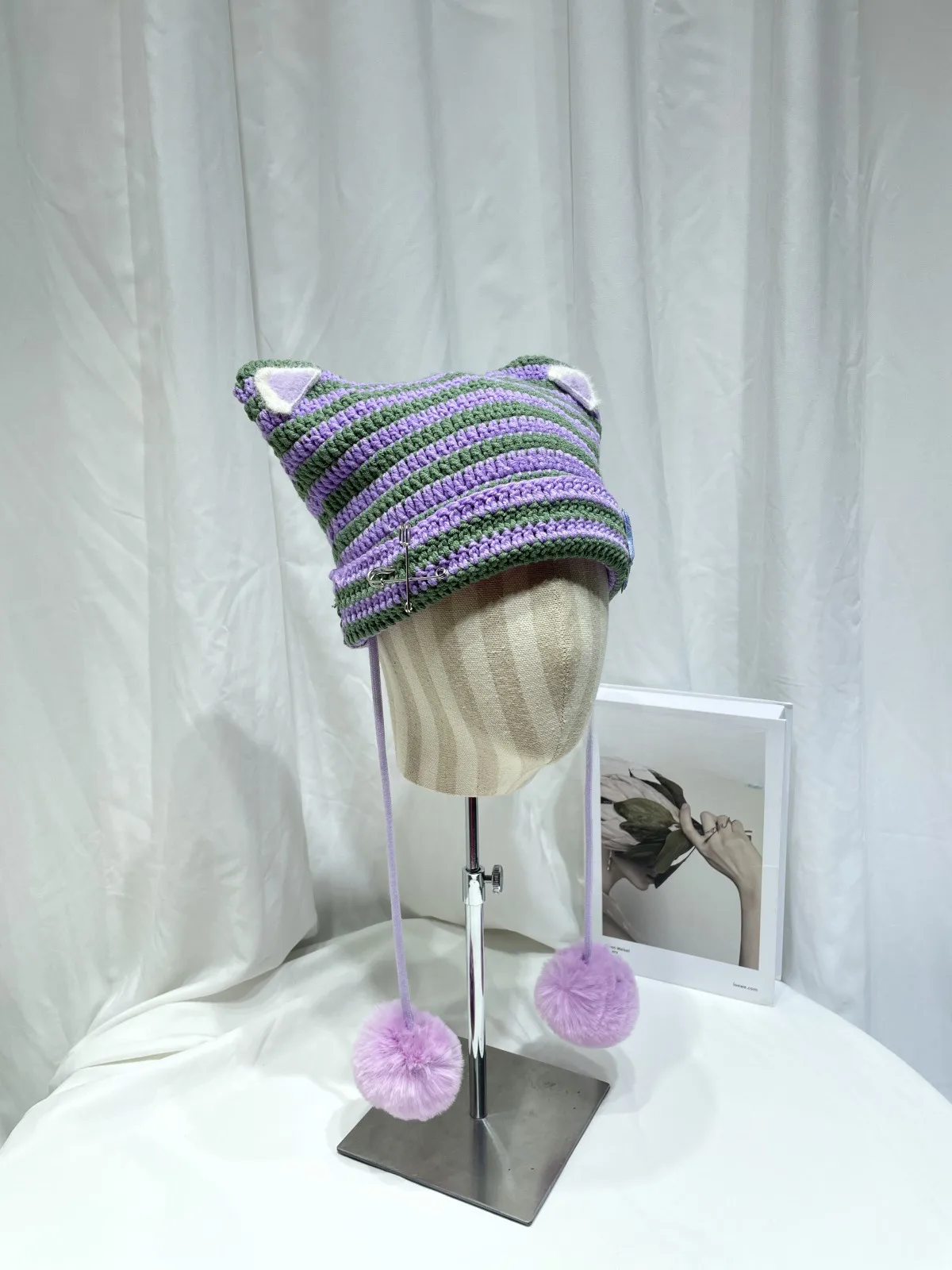 Japanese Style Cute Little Devil Cat Ear Fur Ball Wool Hat Women's Autumn And Winter Warm Small Face Ear Protection Knitted Hat display picture 3
