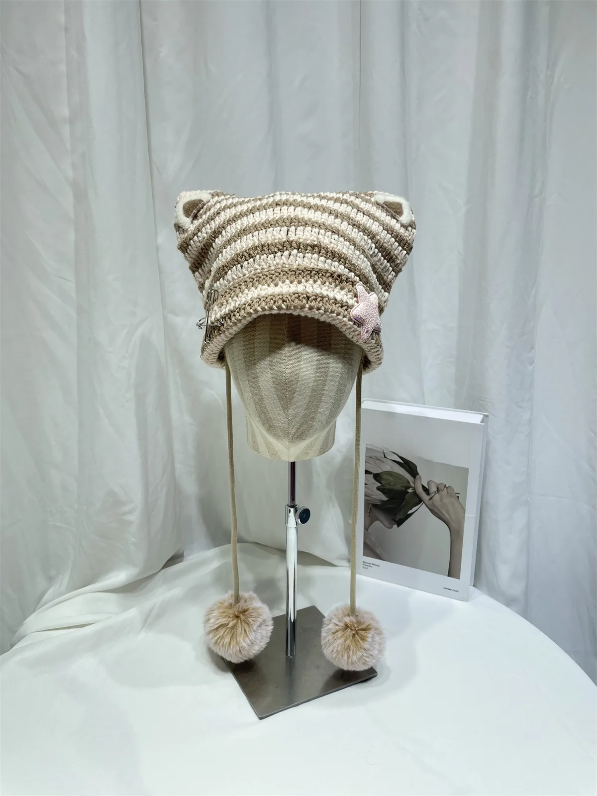 Japanese Style Cute Little Devil Cat Ear Fur Ball Wool Hat Women's Autumn And Winter Warm Small Face Ear Protection Knitted Hat display picture 4