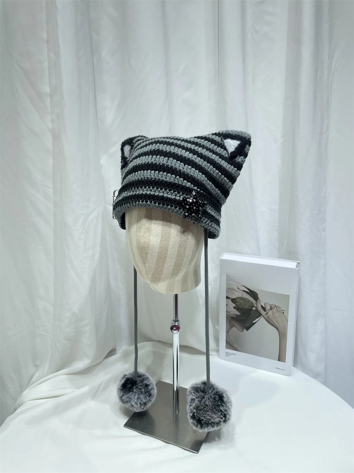 Japanese Style Cute Little Devil Cat Ear Fur Ball Wool Hat Women's Autumn And Winter Warm Small Face Ear Protection Knitted Hat display picture 8