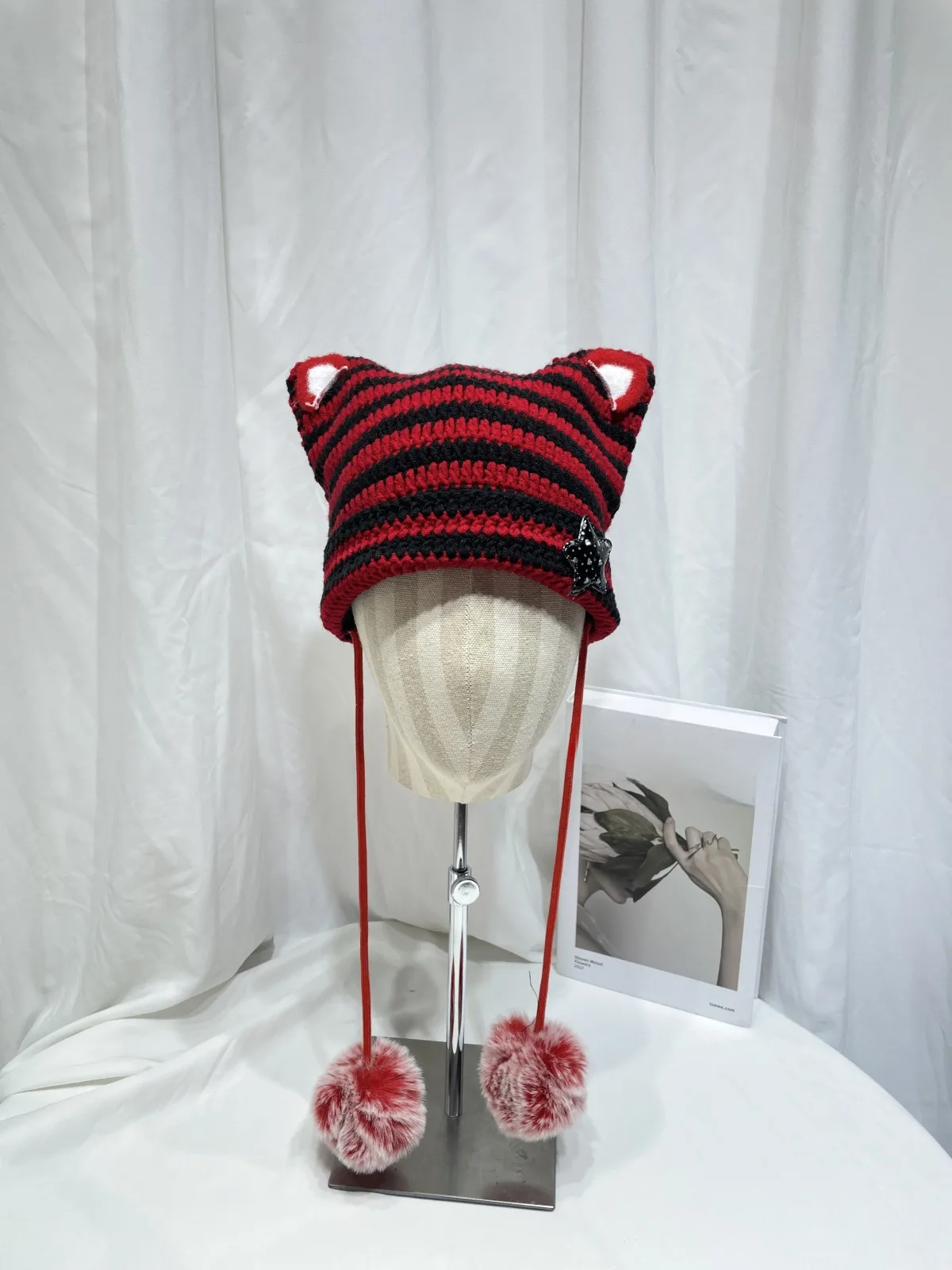 Japanese Style Cute Little Devil Cat Ear Fur Ball Wool Hat Women's Autumn And Winter Warm Small Face Ear Protection Knitted Hat display picture 9