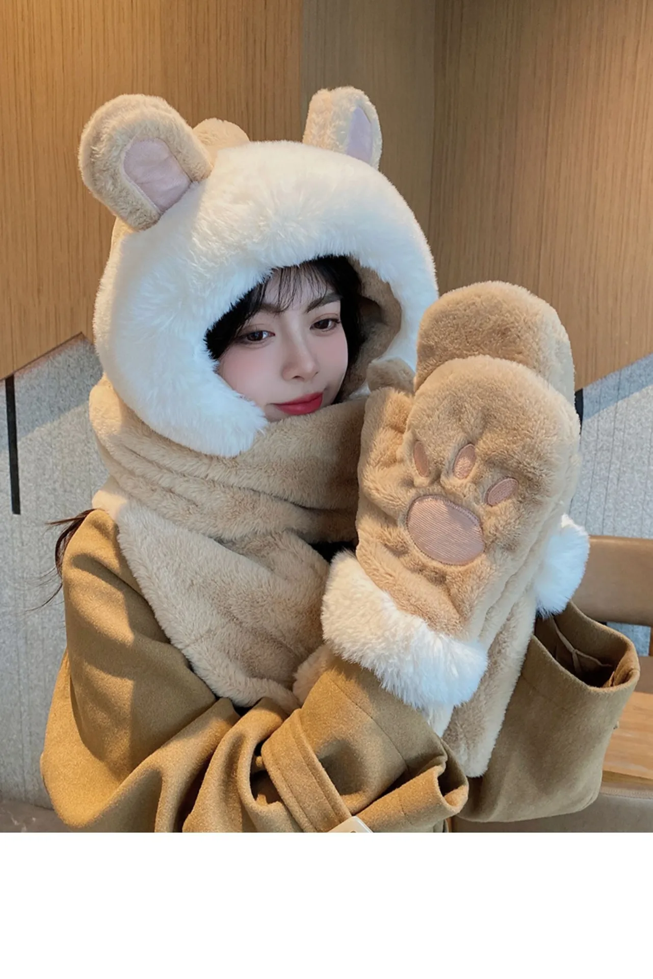 Hat Women's Winter Ear Protection Hat With Velvet Thickened Hat Scarf Three-piece Gloves One-piece Hooded Rabbit Ear Cute display picture 1