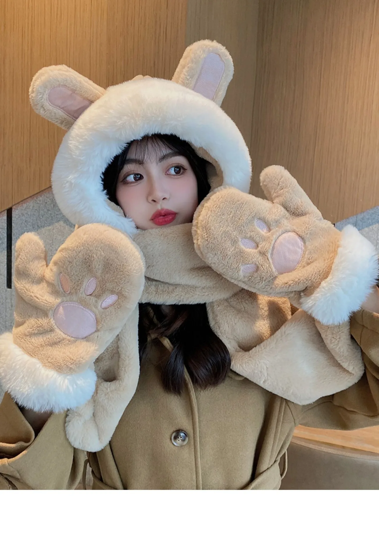 Hat Women's Winter Ear Protection Hat With Velvet Thickened Hat Scarf Three-piece Gloves One-piece Hooded Rabbit Ear Cute display picture 2