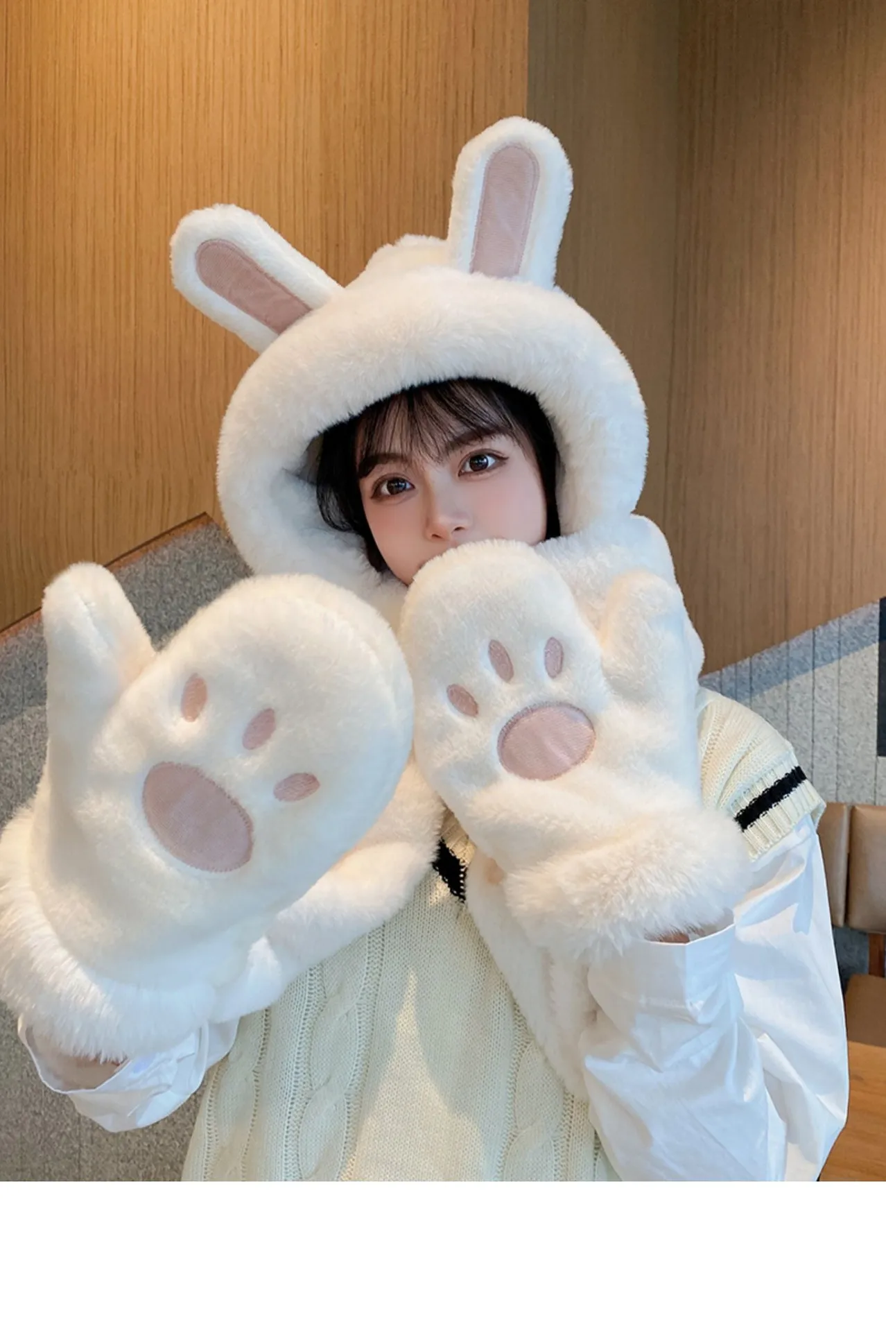 Hat Women's Winter Ear Protection Hat With Velvet Thickened Hat Scarf Three-piece Gloves One-piece Hooded Rabbit Ear Cute display picture 5