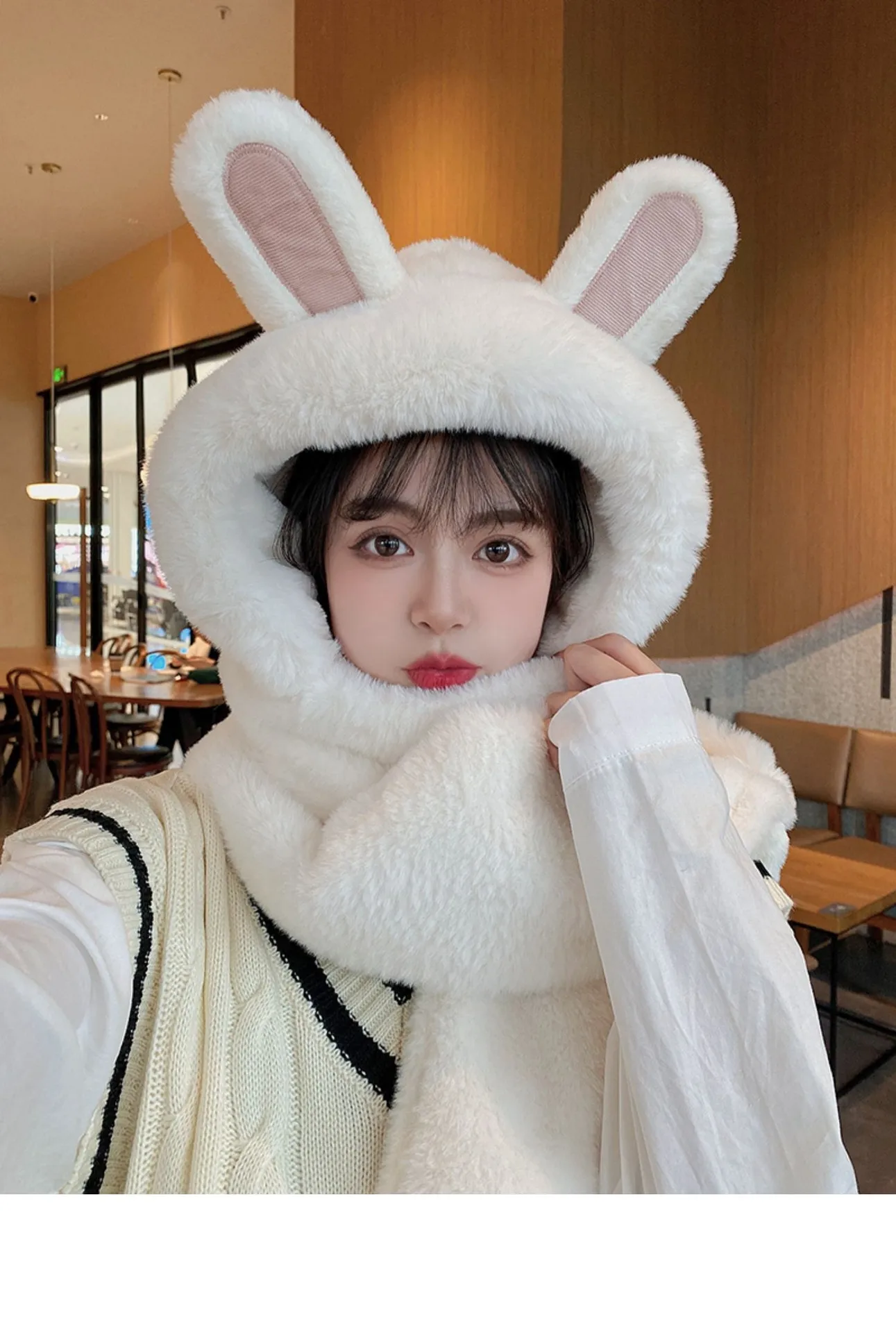 Hat Women's Winter Ear Protection Hat With Velvet Thickened Hat Scarf Three-piece Gloves One-piece Hooded Rabbit Ear Cute display picture 6