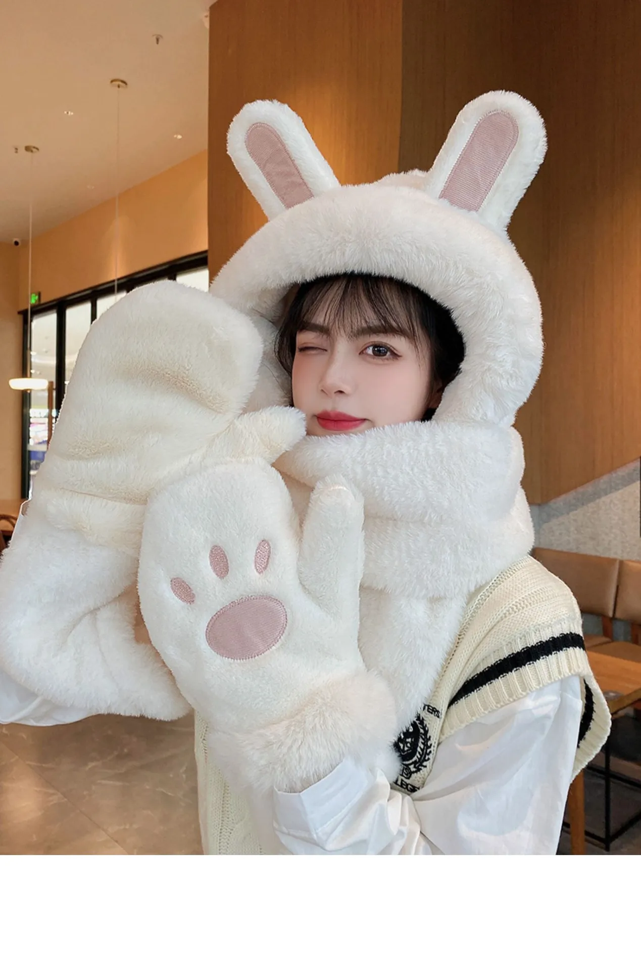 Hat Women's Winter Ear Protection Hat With Velvet Thickened Hat Scarf Three-piece Gloves One-piece Hooded Rabbit Ear Cute display picture 7
