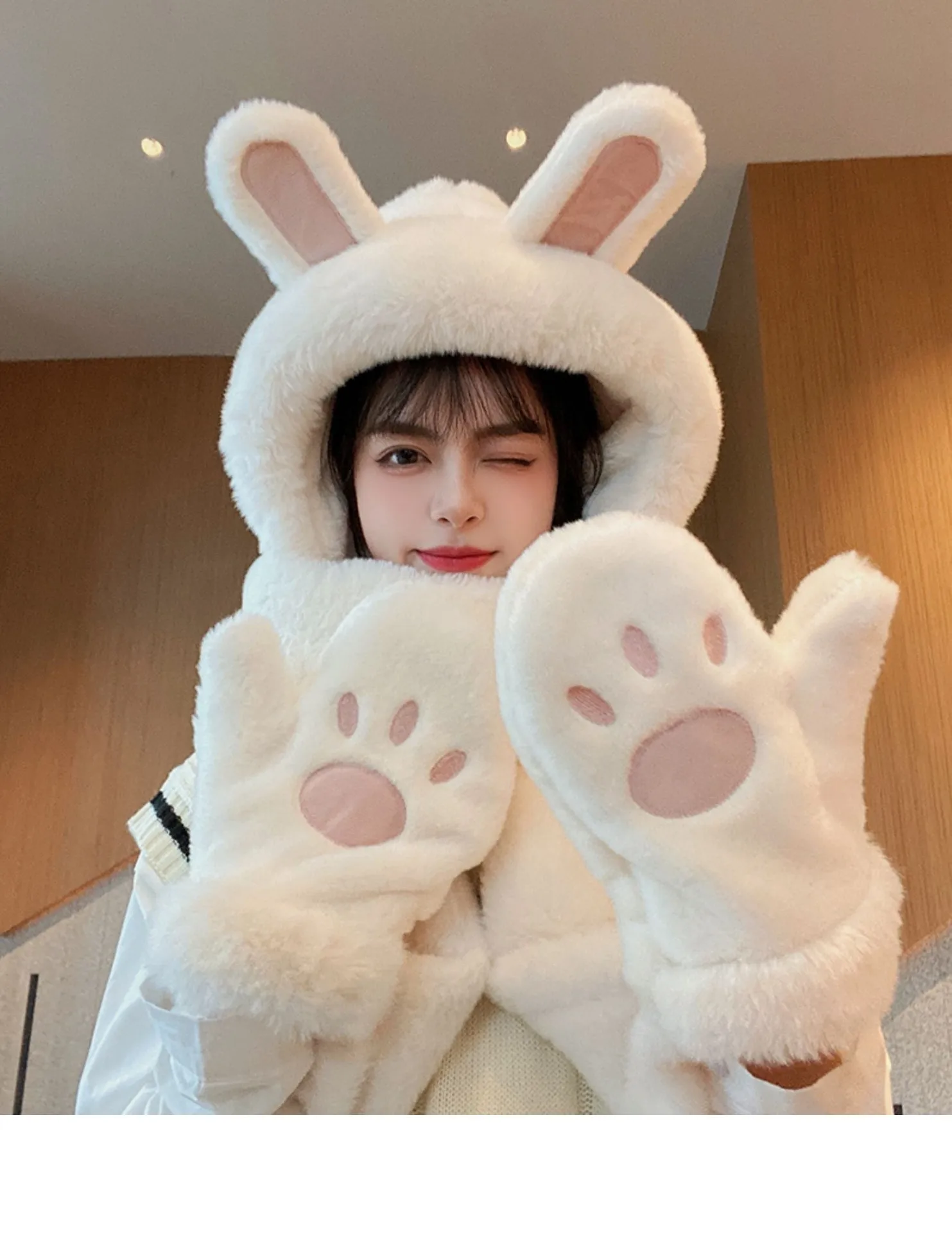 Hat Women's Winter Ear Protection Hat With Velvet Thickened Hat Scarf Three-piece Gloves One-piece Hooded Rabbit Ear Cute display picture 8