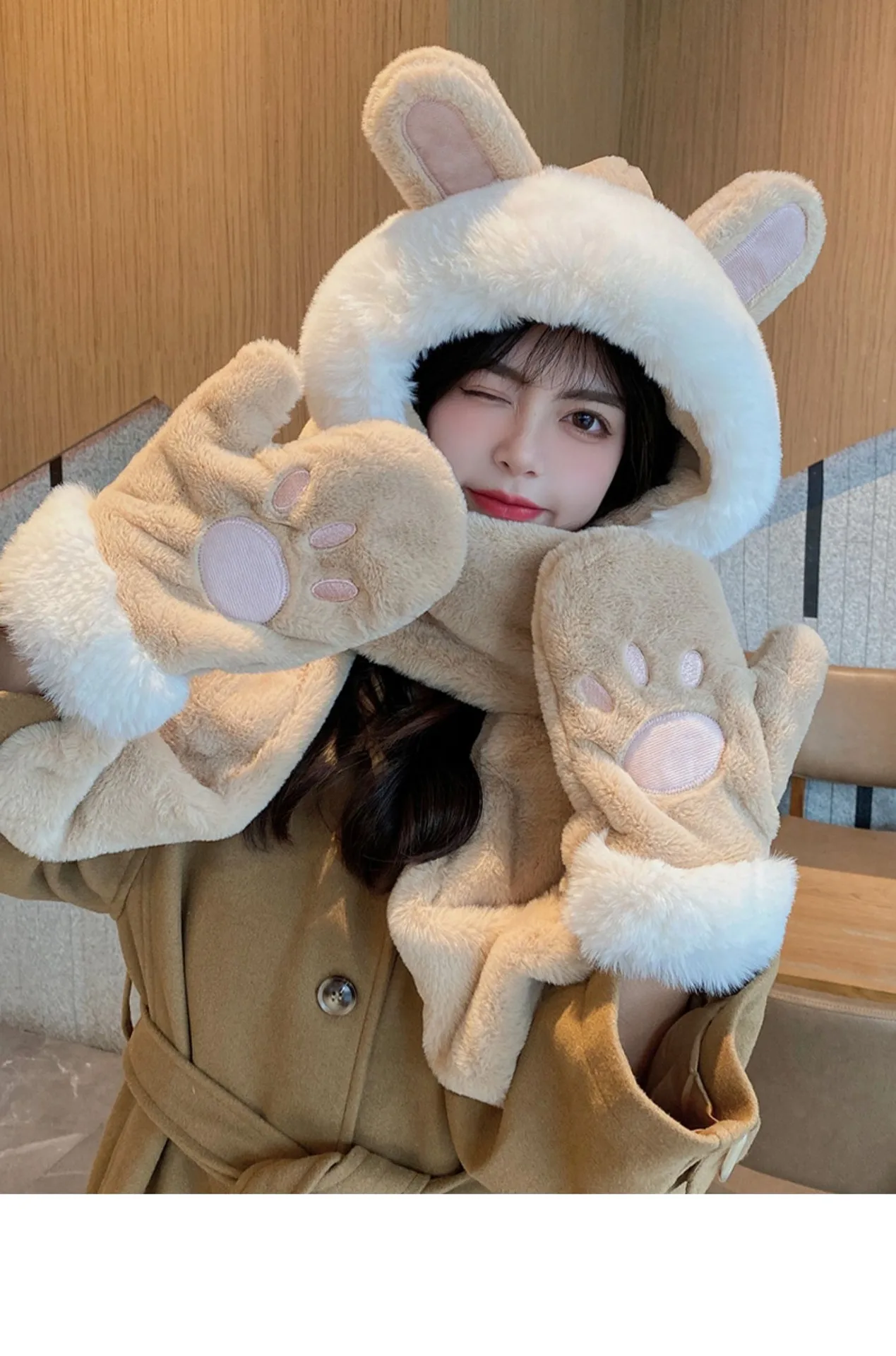Hat Women's Winter Ear Protection Hat With Velvet Thickened Hat Scarf Three-piece Gloves One-piece Hooded Rabbit Ear Cute display picture 9