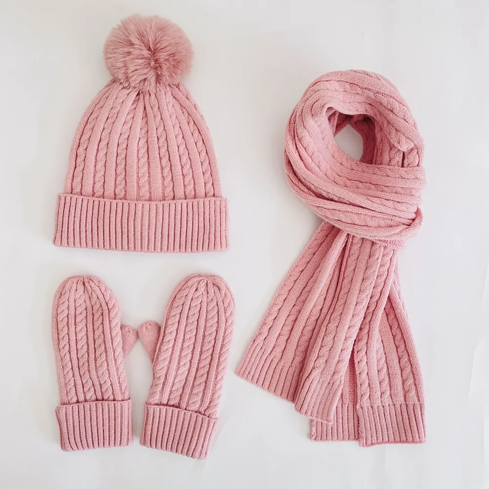 Winter Women's Knitted Hat Scarf Gloves Three-piece Set New Solid Color Plus Velvet Wool Hat Warm Suit display picture 11