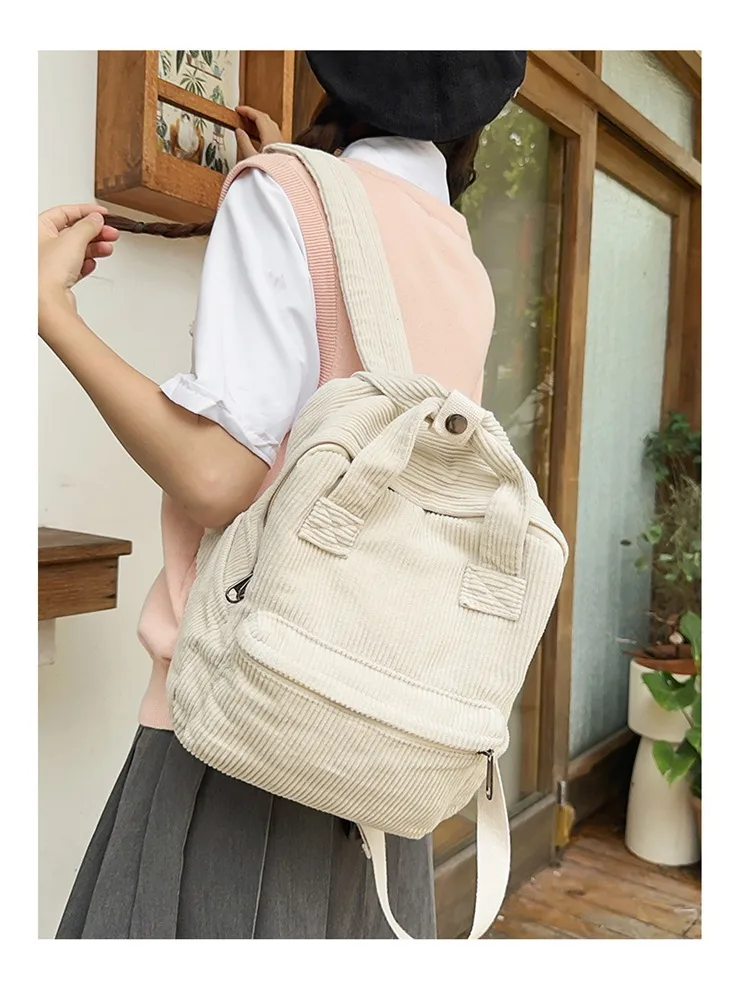 Japanese Style Solid Color Corduroy Schoolbag Women's Korean Style High School And College Students Retro Backpack Simple Fashionable Portable Backpack display picture 3