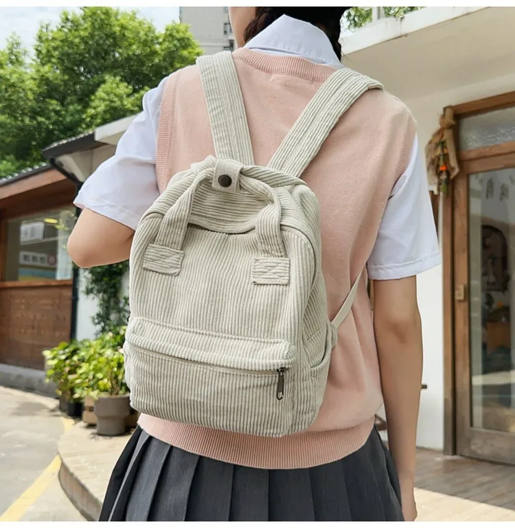 Japanese Style Solid Color Corduroy Schoolbag Women's Korean Style High School And College Students Retro Backpack Simple Fashionable Portable Backpack display picture 4
