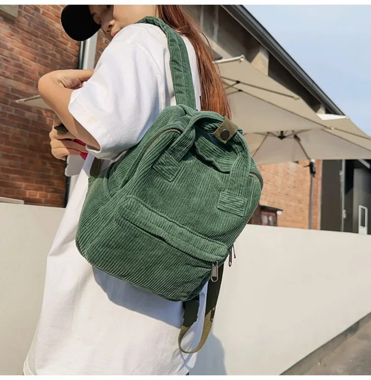 Japanese Style Solid Color Corduroy Schoolbag Women's Korean Style High School And College Students Retro Backpack Simple Fashionable Portable Backpack display picture 5