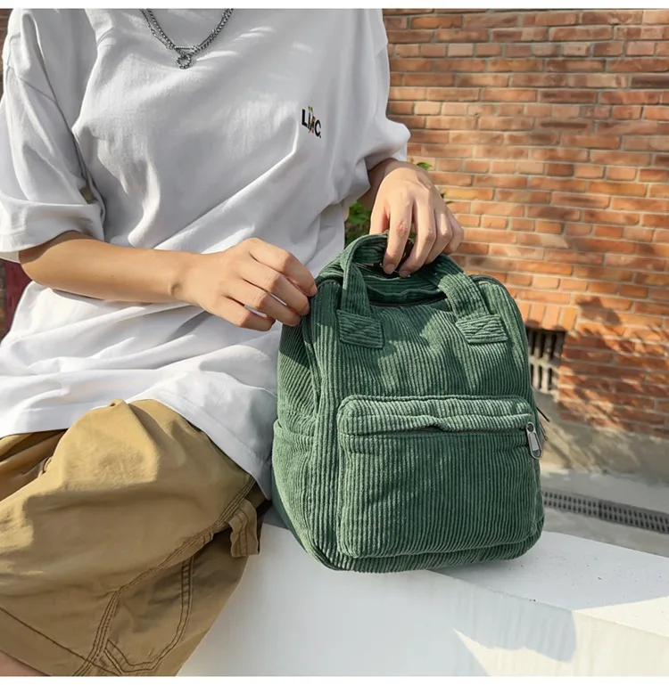 Japanese Style Solid Color Corduroy Schoolbag Women's Korean Style High School And College Students Retro Backpack Simple Fashionable Portable Backpack display picture 6