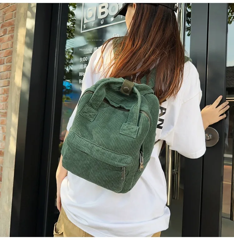 Japanese Style Solid Color Corduroy Schoolbag Women's Korean Style High School And College Students Retro Backpack Simple Fashionable Portable Backpack display picture 7