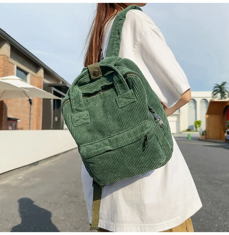 Japanese Style Solid Color Corduroy Schoolbag Women's Korean Style High School And College Students Retro Backpack Simple Fashionable Portable Backpack display picture 8
