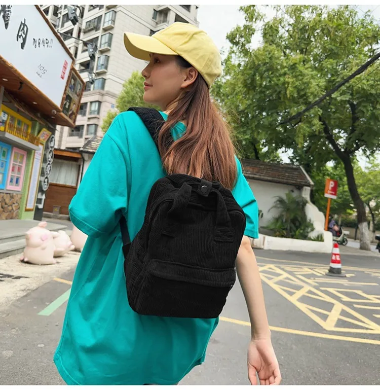 Japanese Style Solid Color Corduroy Schoolbag Women's Korean Style High School And College Students Retro Backpack Simple Fashionable Portable Backpack display picture 9