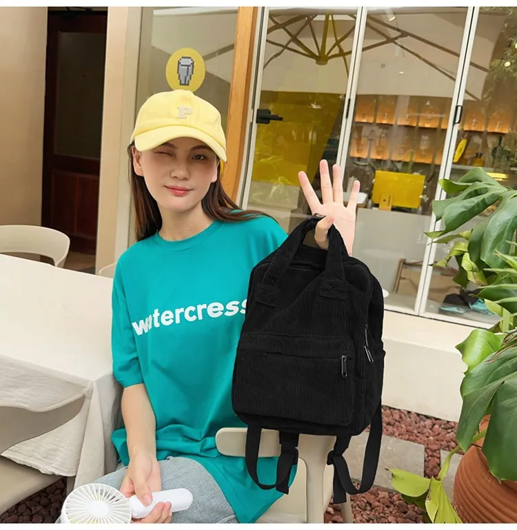 Japanese Style Solid Color Corduroy Schoolbag Women's Korean Style High School And College Students Retro Backpack Simple Fashionable Portable Backpack display picture 10