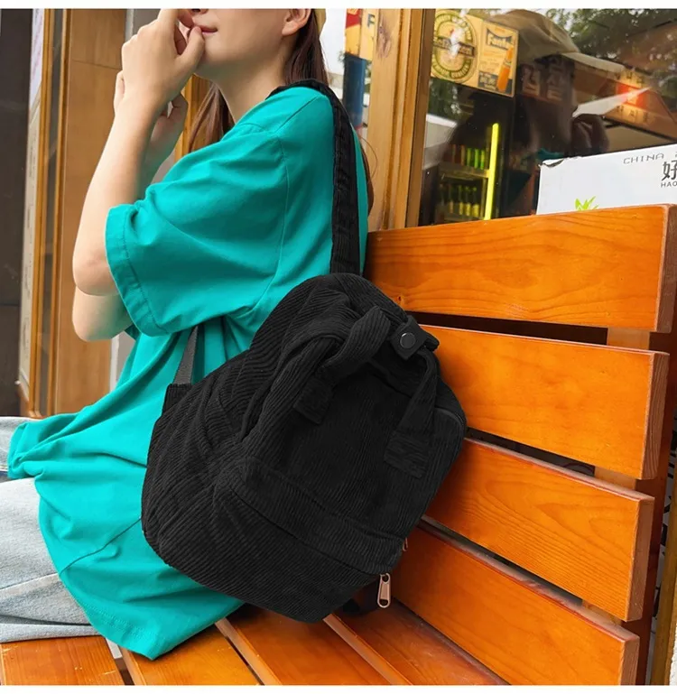 Japanese Style Solid Color Corduroy Schoolbag Women's Korean Style High School And College Students Retro Backpack Simple Fashionable Portable Backpack display picture 11