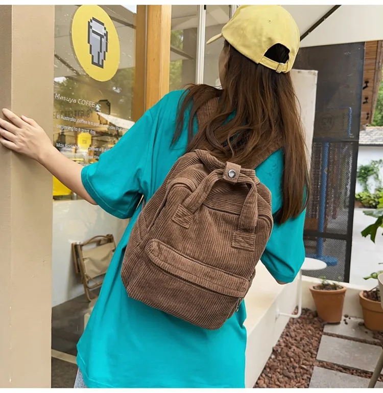 Japanese Style Solid Color Corduroy Schoolbag Women's Korean Style High School And College Students Retro Backpack Simple Fashionable Portable Backpack display picture 12