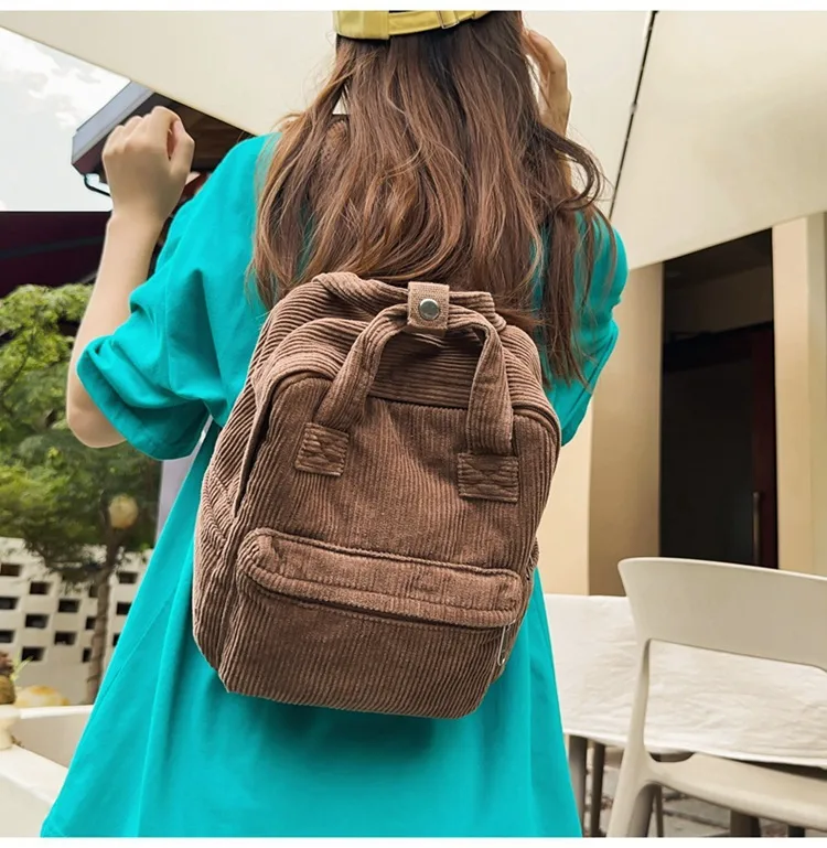 Japanese Style Solid Color Corduroy Schoolbag Women's Korean Style High School And College Students Retro Backpack Simple Fashionable Portable Backpack display picture 13