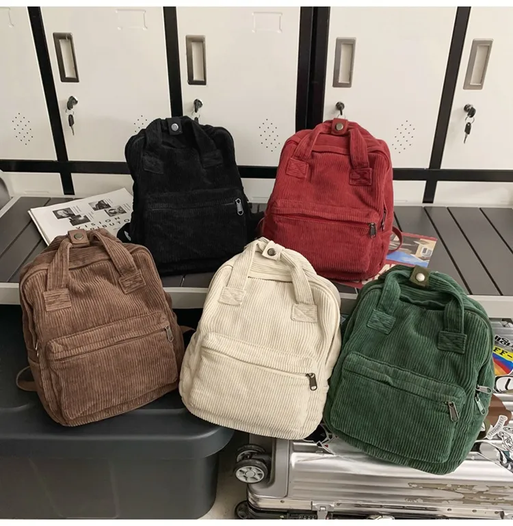Japanese Style Solid Color Corduroy Schoolbag Women's Korean Style High School And College Students Retro Backpack Simple Fashionable Portable Backpack display picture 14