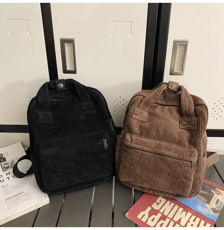 Japanese Style Solid Color Corduroy Schoolbag Women's Korean Style High School And College Students Retro Backpack Simple Fashionable Portable Backpack display picture 15