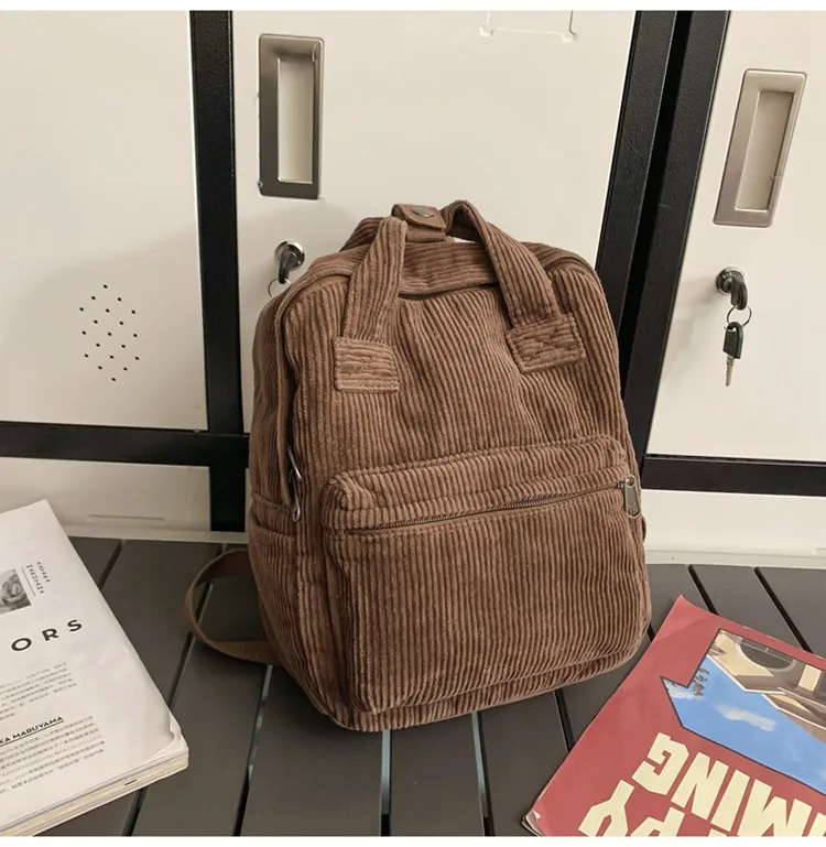 Japanese Style Solid Color Corduroy Schoolbag Women's Korean Style High School And College Students Retro Backpack Simple Fashionable Portable Backpack display picture 19