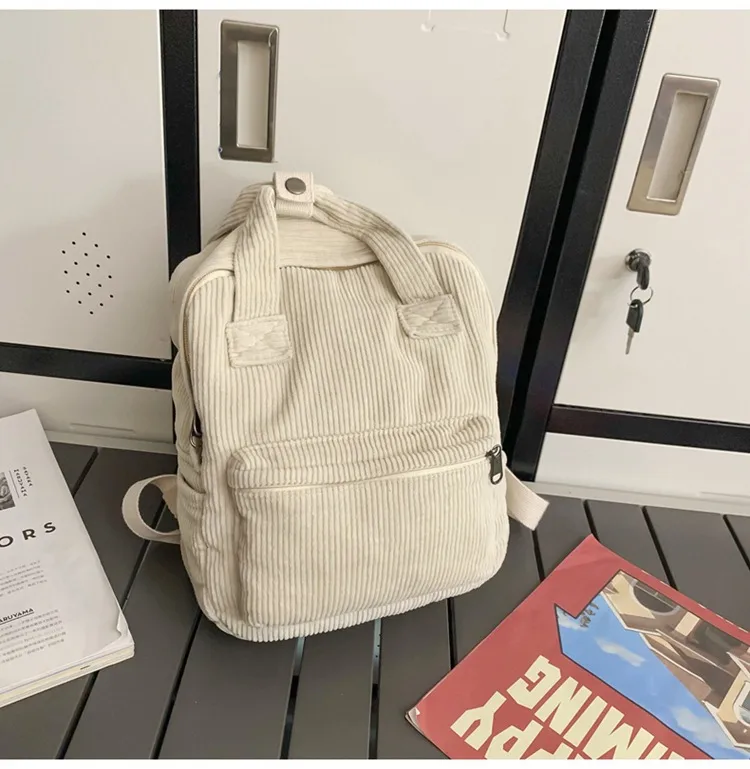 Japanese Style Solid Color Corduroy Schoolbag Women's Korean Style High School And College Students Retro Backpack Simple Fashionable Portable Backpack display picture 20