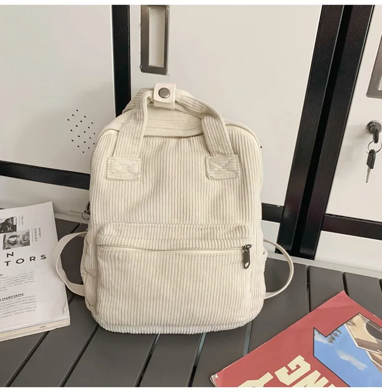 Japanese Style Solid Color Corduroy Schoolbag Women's Korean Style High School And College Students Retro Backpack Simple Fashionable Portable Backpack display picture 21
