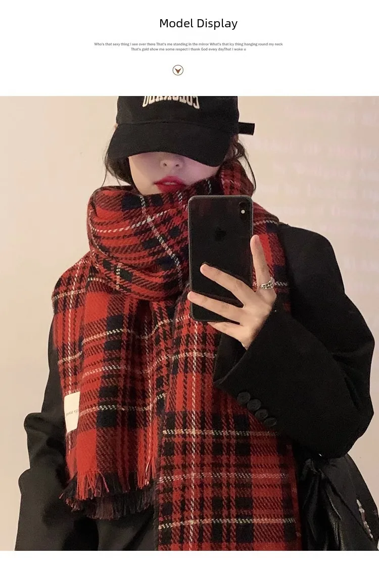 Christmas Scarf Women's Winter Korean-style High-grade  Red Plaid Scarf Student Couple Thickened Warm Shawl display picture 1
