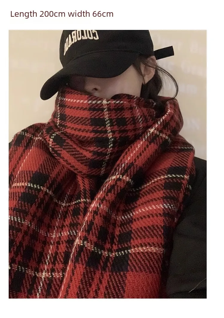 Christmas Scarf Women's Winter Korean-style High-grade  Red Plaid Scarf Student Couple Thickened Warm Shawl display picture 2