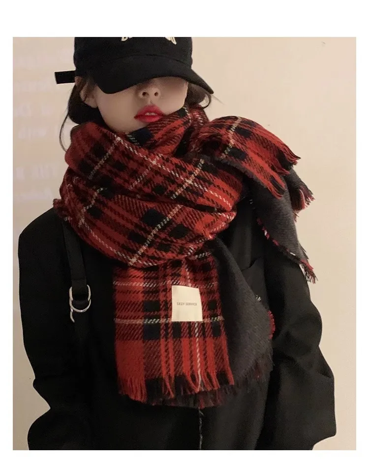 Christmas Scarf Women's Winter Korean-style High-grade  Red Plaid Scarf Student Couple Thickened Warm Shawl display picture 5