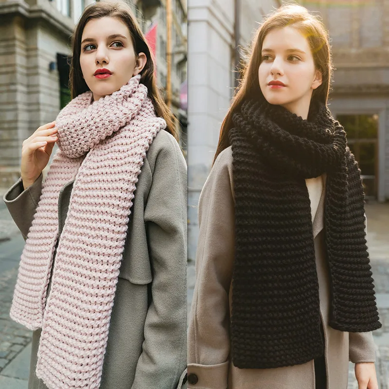 New Korean Style Handmade Coarse Wool Solid Color Knitted Scarf Women's Autumn And Winter Women's Scarf Thickened Student Couple's Scarf display picture 1