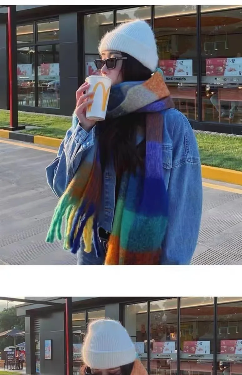 Rainbow Scarf Women's Winter Shawl Couple's Colorful Plaid Warm Thickened  Trendy Cute Girl Student display picture 3